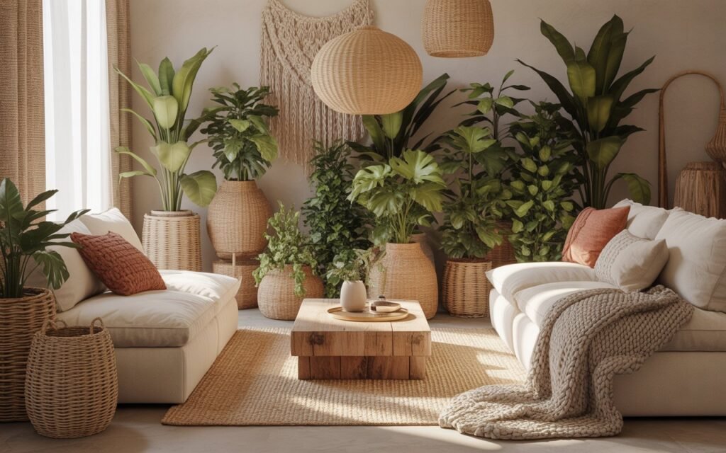 plants in woven baskets creating cozy living room vibe