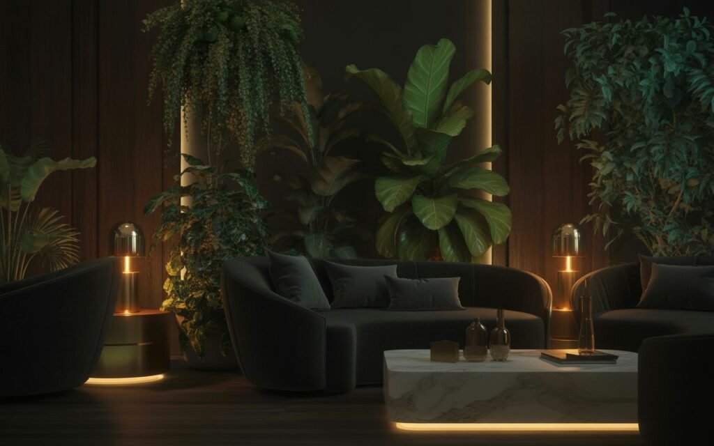 dark living room with plants creating bold contrast