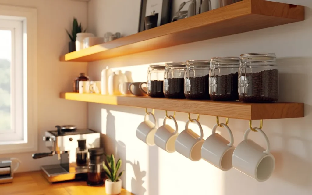 floating shelves coffee bar kitchen aesthetic