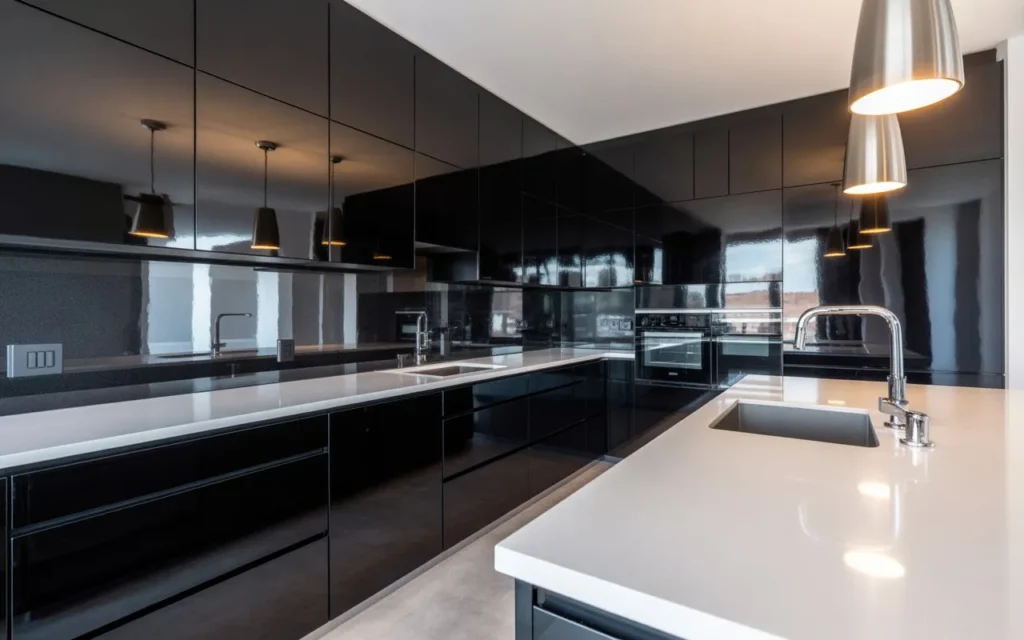 high gloss black cabinets kitchen