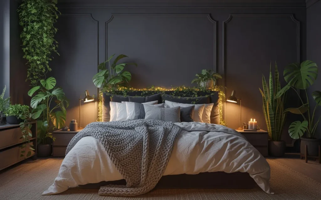 dark aesthetic room with indoor plants