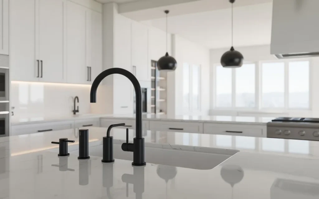 black fixtures white kitchen design