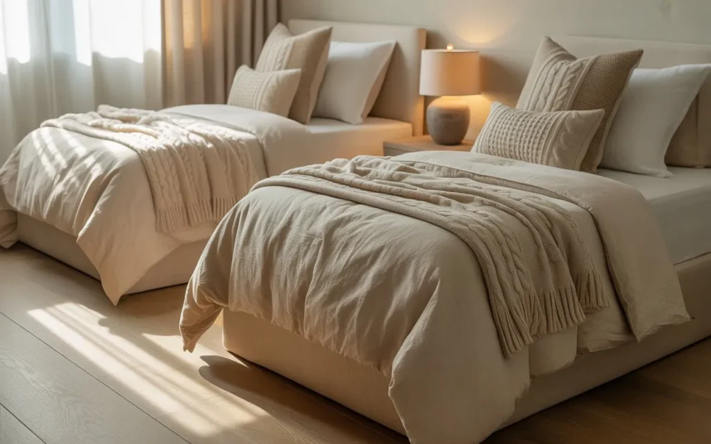 neutral guest bedroom with twin beds and soft beige decor