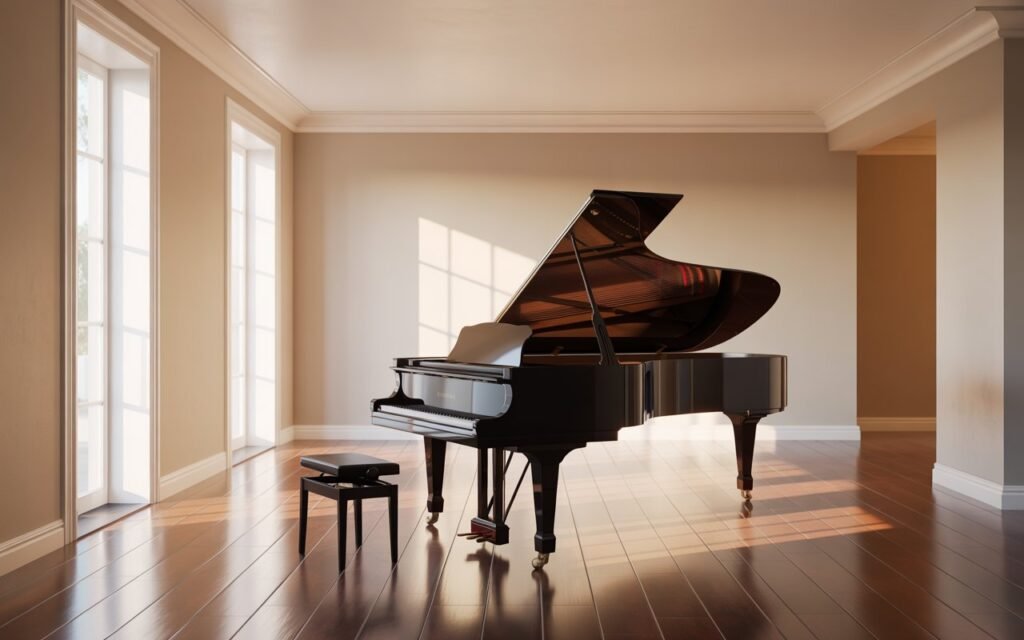 neutral toned piano room with soft lighting