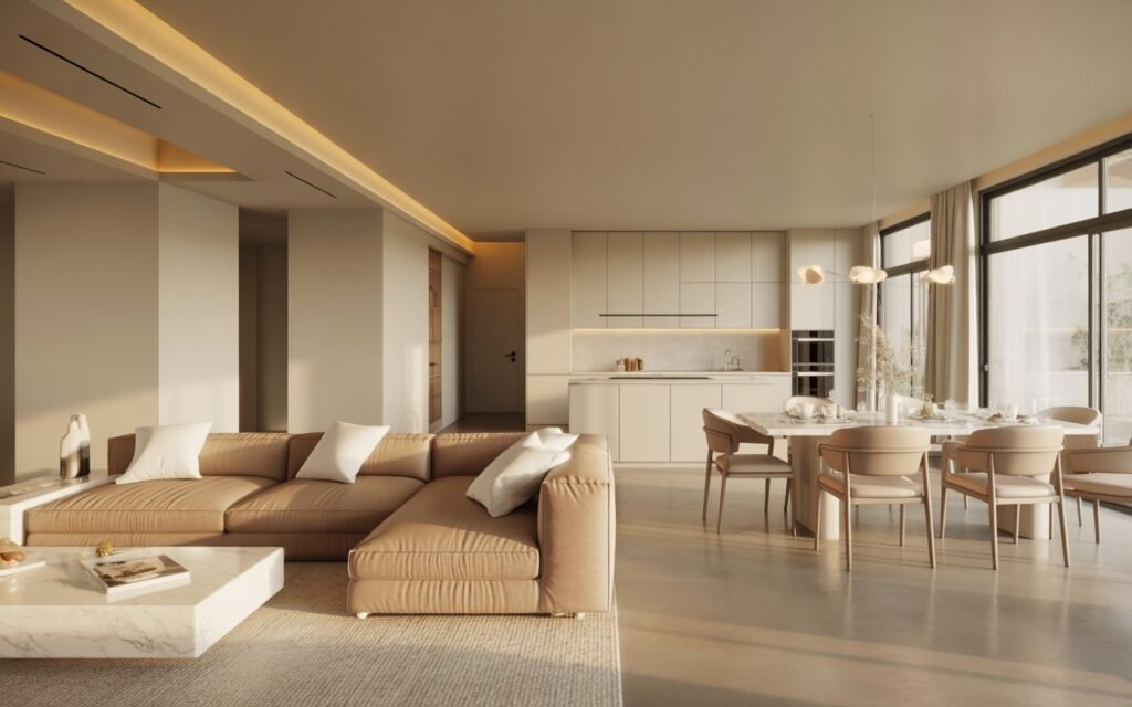 cohesive color open layout living dining