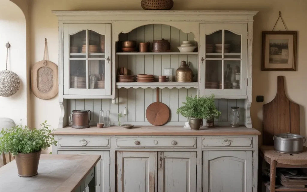 antique wooden hutch in cottage core kitchen