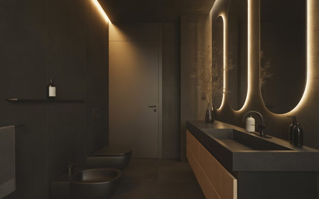dark moody bathroom with matte black walls and warm lighting
