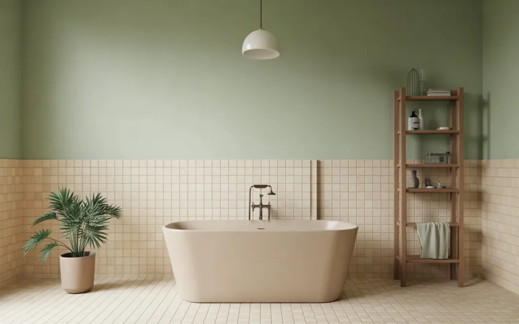 sage green bathroom walls with cream tiles