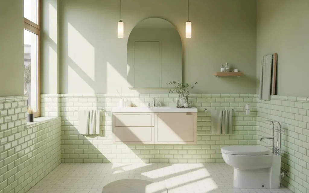 sage subway tiles with cream bathroom decor