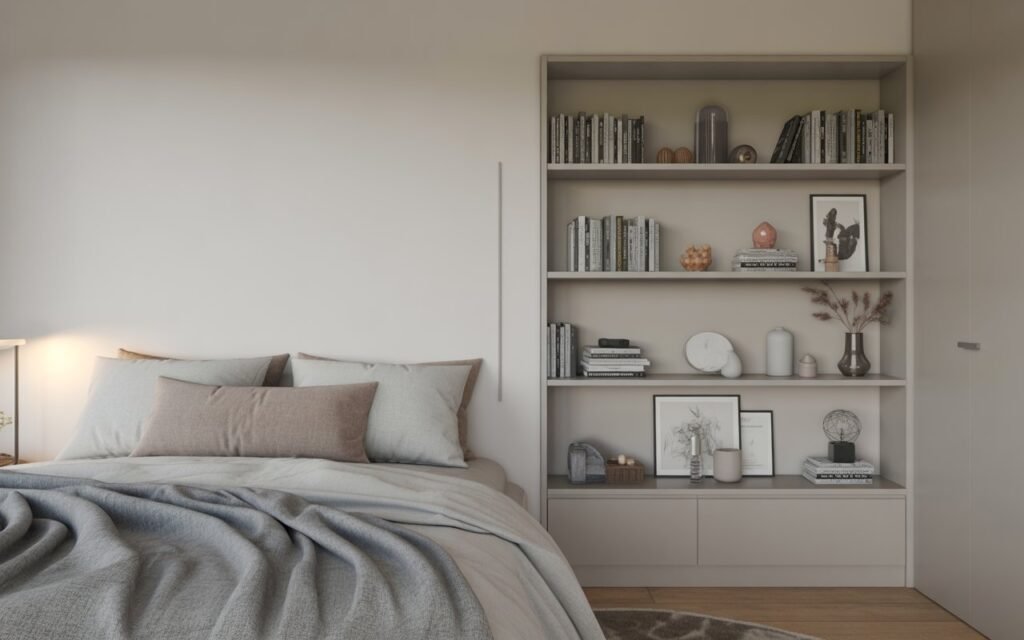 functional bedroom shelf decor aesthetic