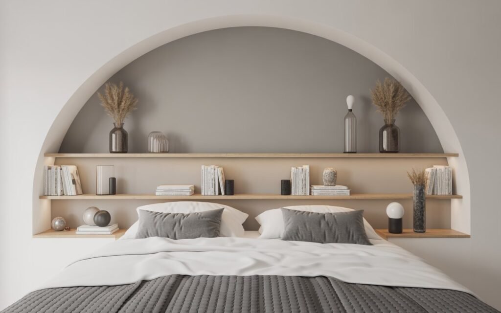 symmetrical bedroom shelf decor
