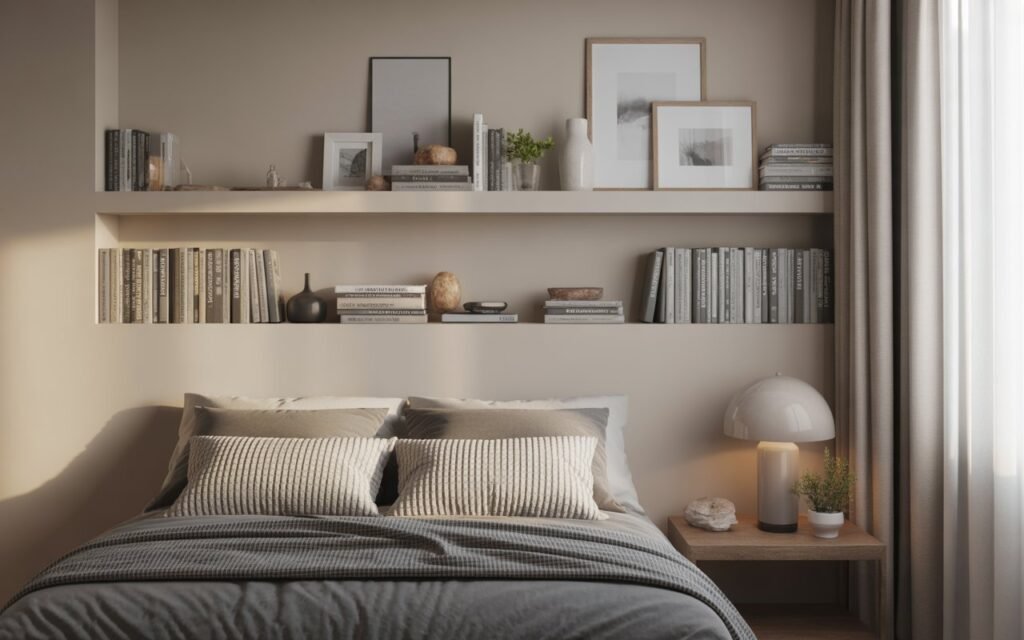 layered bedroom shelf decor design