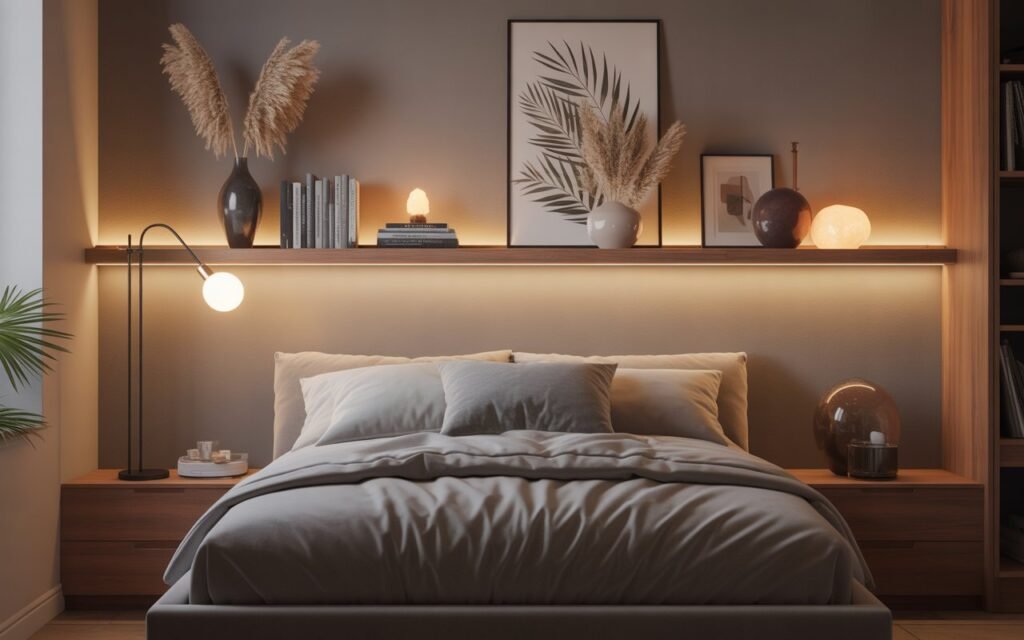 bedroom shelf decor with lighting