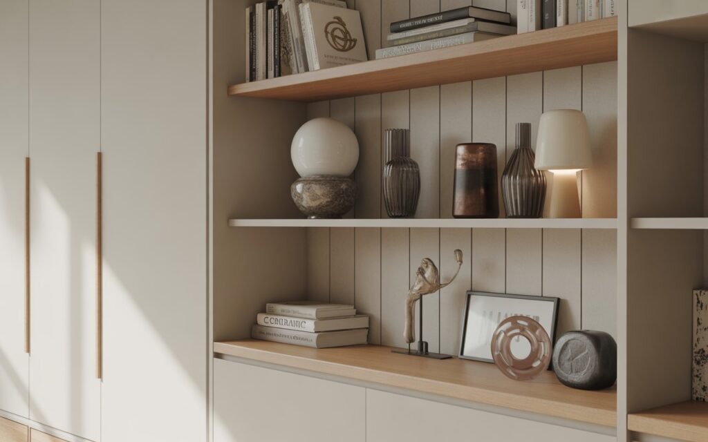 mixed texture bedroom shelf decor