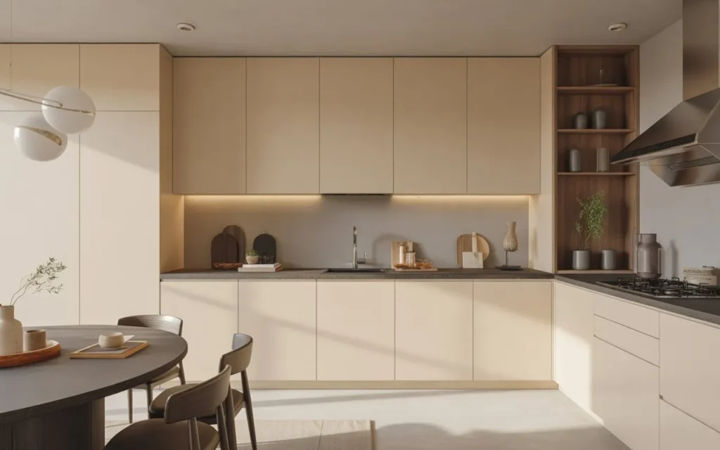 beige modern kitchen cabinet design with minimalist decor