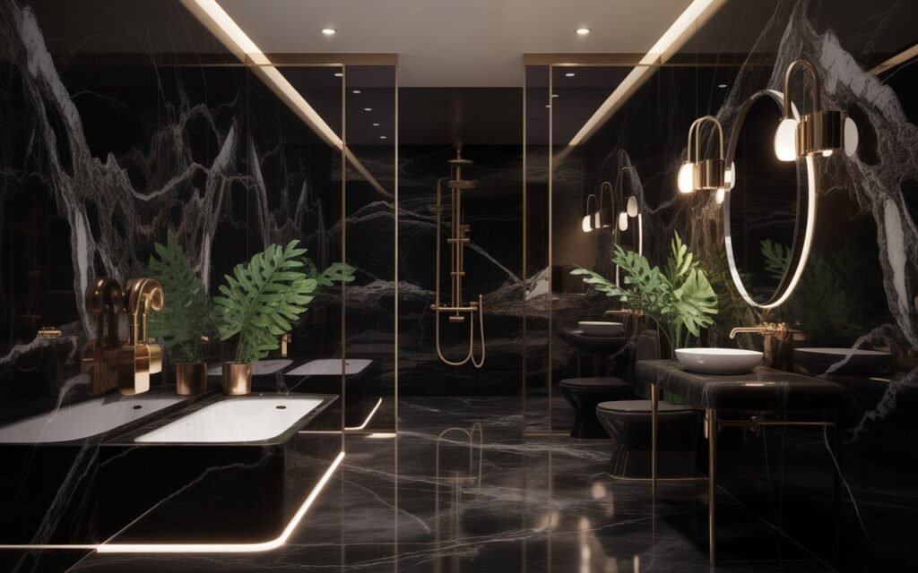 black marble bathroom walls with white veining and gold fixtures