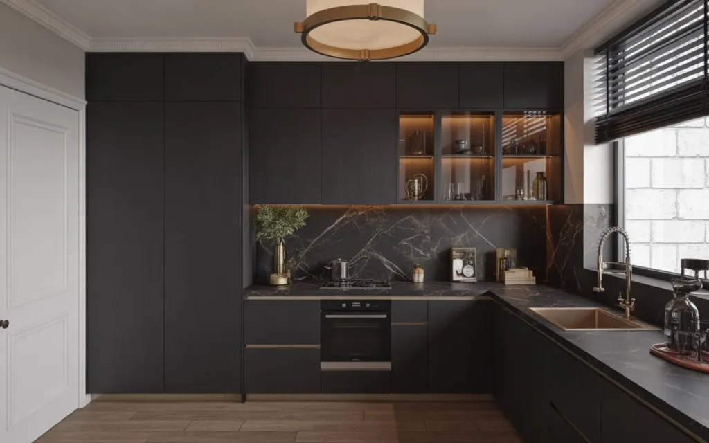 black modern kitchen cabinet design with marble countertops