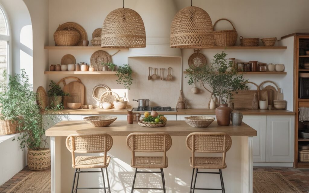 woven baskets and textures in cozy aesthetic kitchen