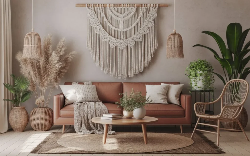boho living room decor with brown sofa and plants