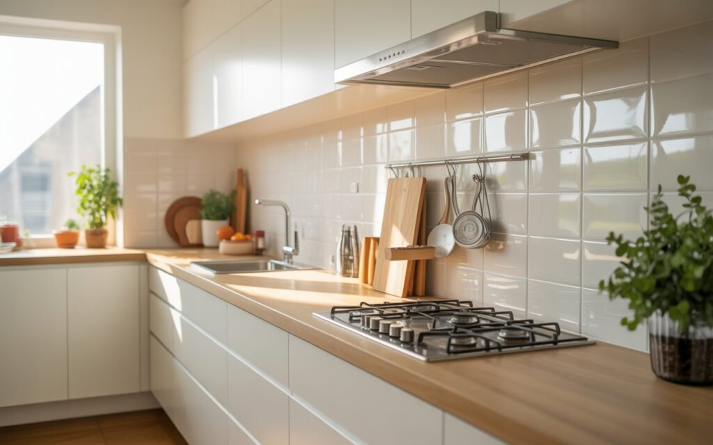 kitchen with reflective backsplash and bright lighting
