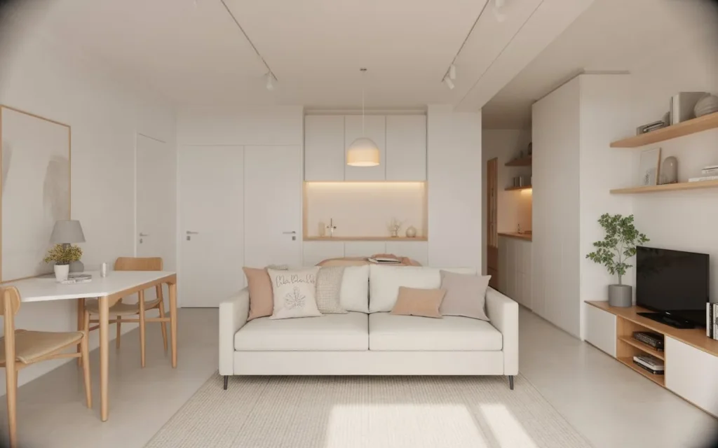 light color palette studio apartment design that makes space look bigger