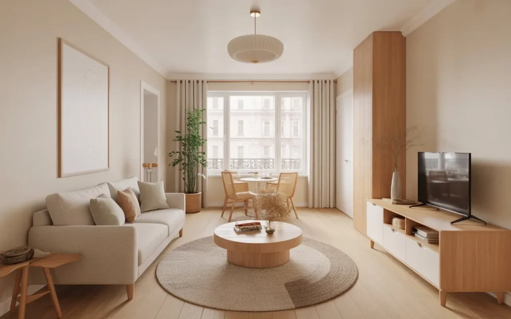 light colored narrow living room interior design