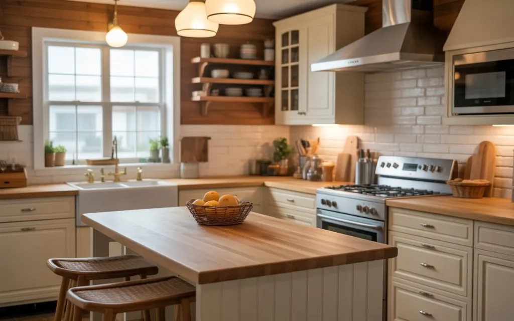 butcher block countertops in vintage inspired cottage core kitchen