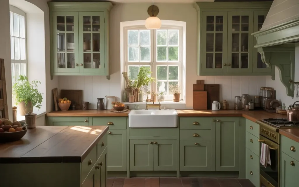 classic sage green farmhouse kitchen cabinets with white walls and wooden accents