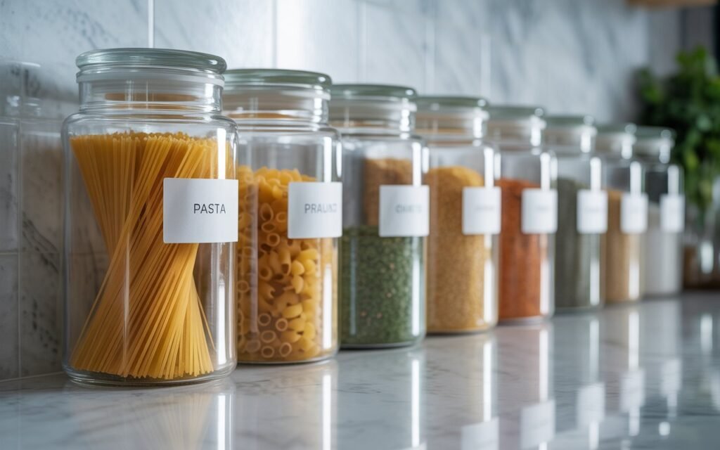 glass jars with pantry items styled on kitchen counter