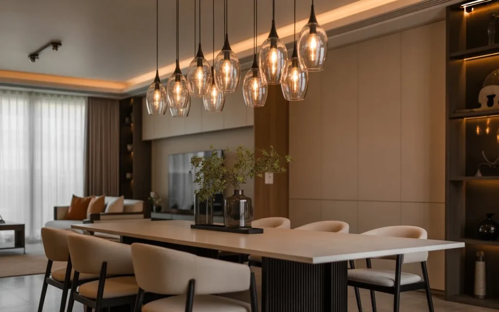 glass pendant cluster chandelier in dining room