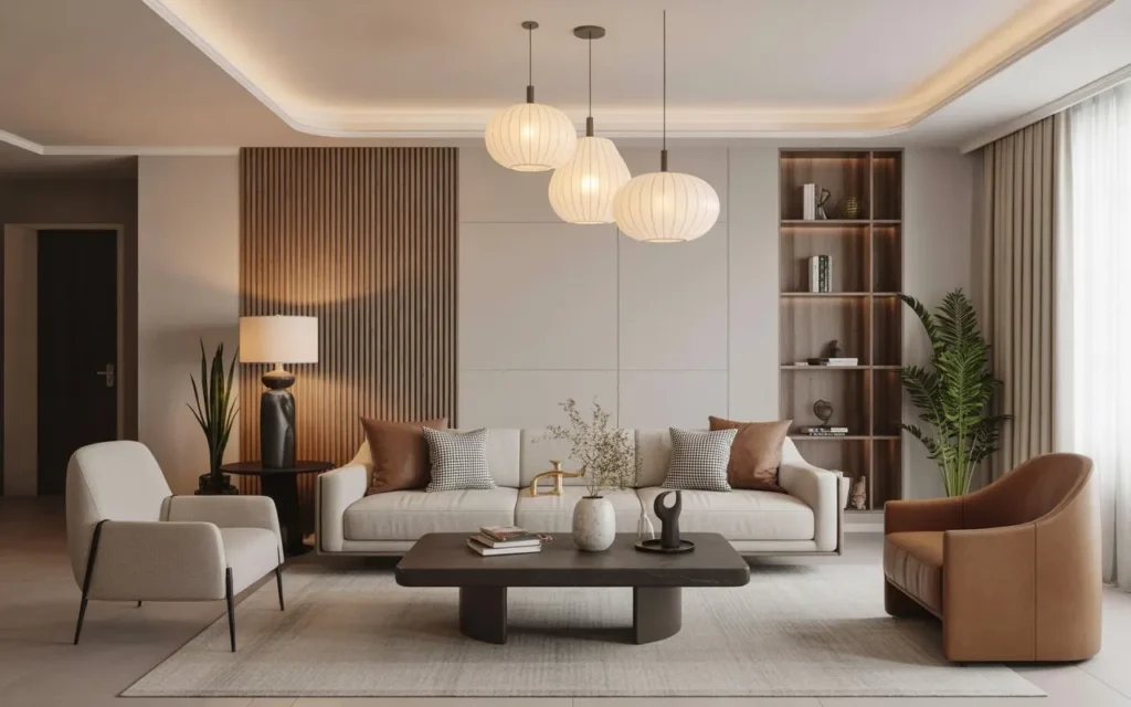 pendant light cluster above coffee table in modern living room