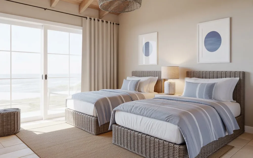 coastal guest bedroom with twin beds in blue and white theme