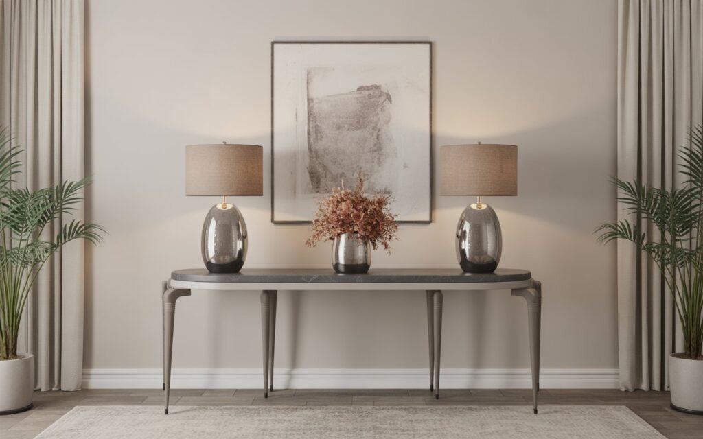 symmetrical wood console table styling