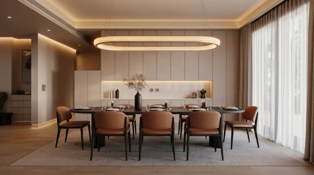 modern LED chandelier in contemporary dining room