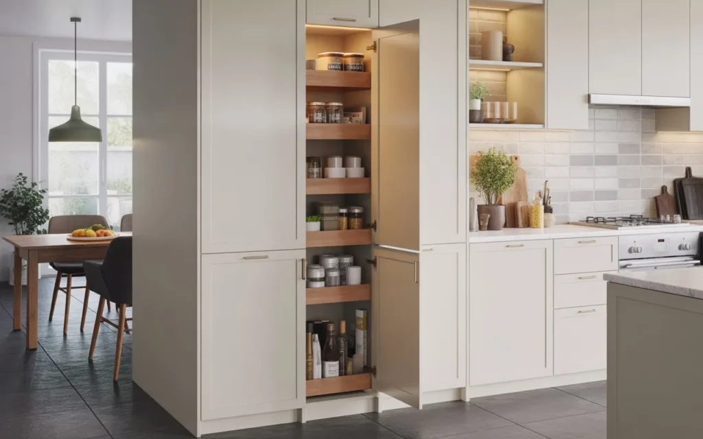 Contemporary kitchen with hidden pull-out pantry storage