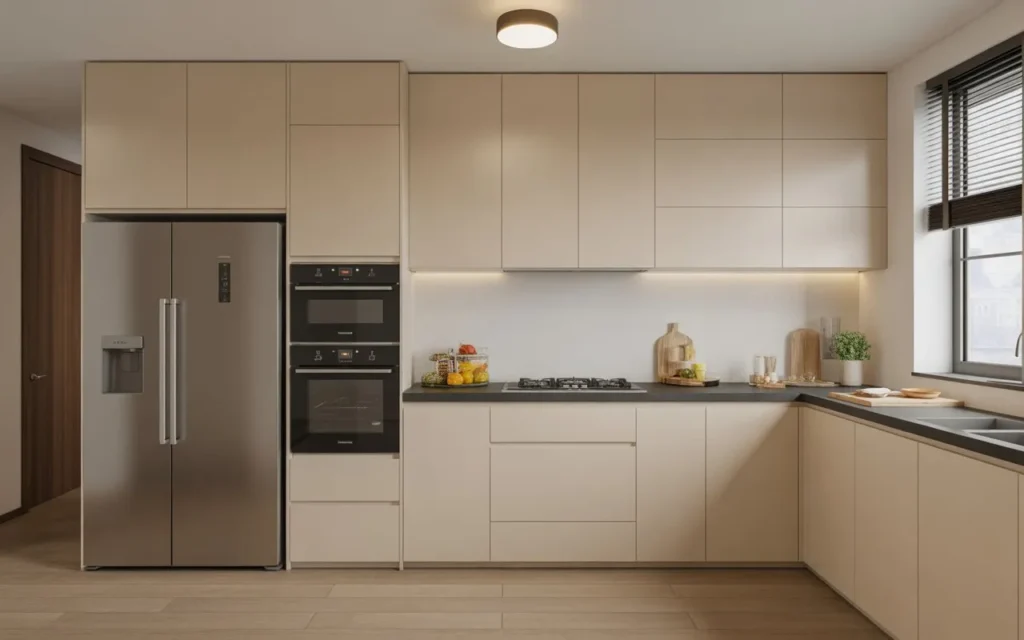Contemporary kitchen with integrated refrigerator and built-in oven, seamless cabinetry