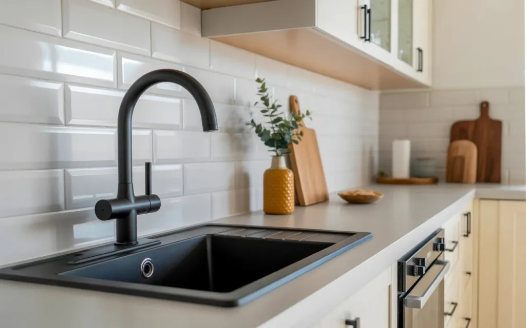 Contemporary kitchen with matte black faucet and fixtures