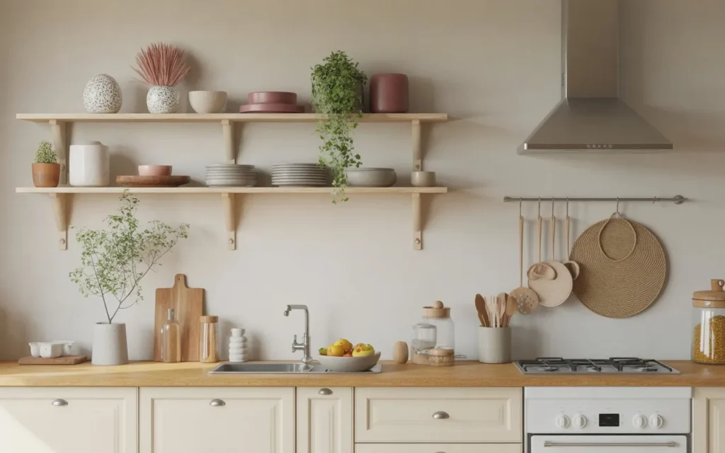 Contemporary kitchen with simple open wooden shelves, minimal decor styling
