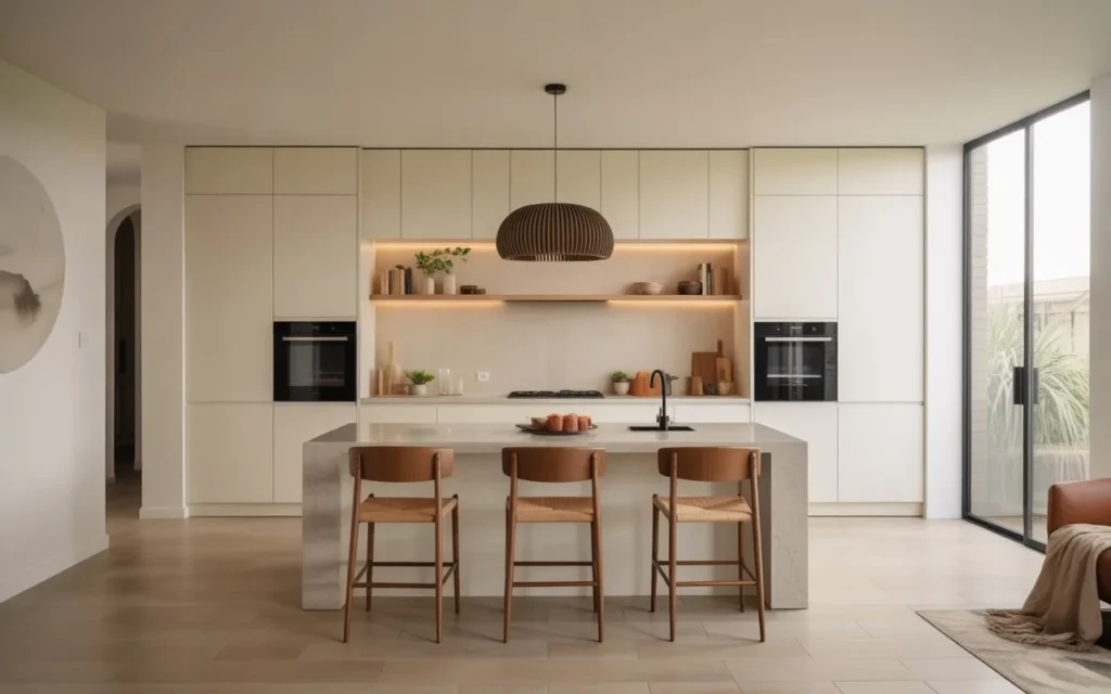 Contemporary kitchen with statement pendant light over island, modern minimalist decor