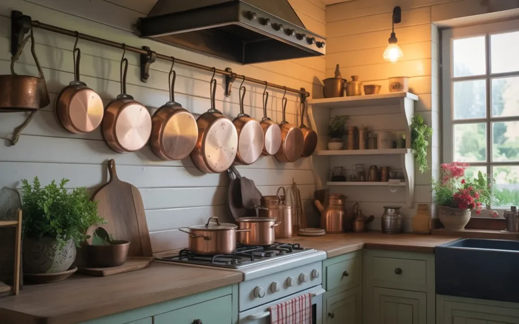 hanging copper cookware in rustic cottage core kitchen
