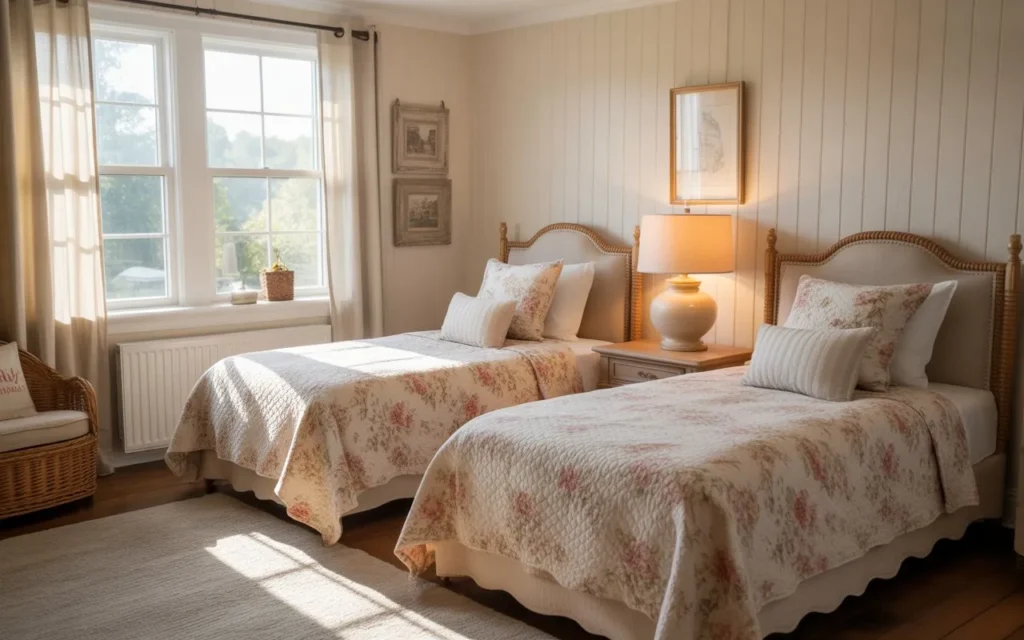 cozy cottage guest bedroom with twin beds and floral bedding