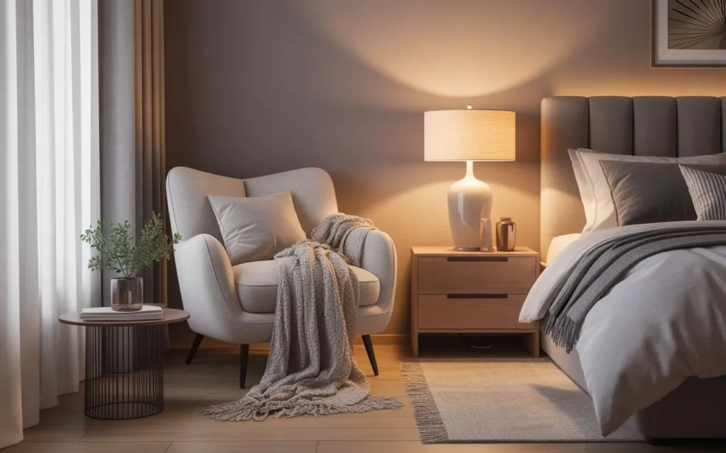 cozy accent chair in bedroom reading corner