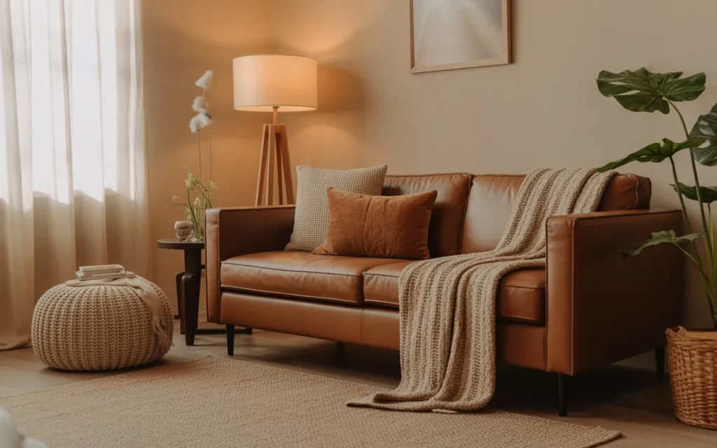 brown couch living room with textured decor