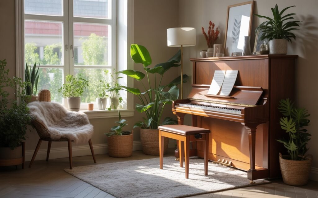 cozy piano corner with natural light and plants
