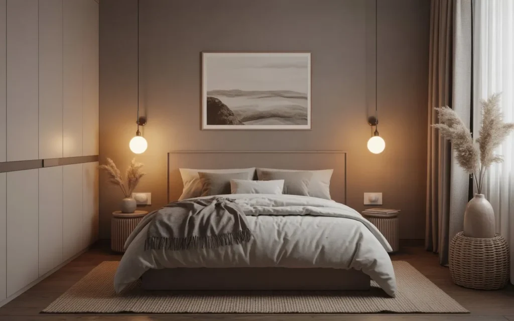 small bedroom with wall lighting creating a cozy atmosphere