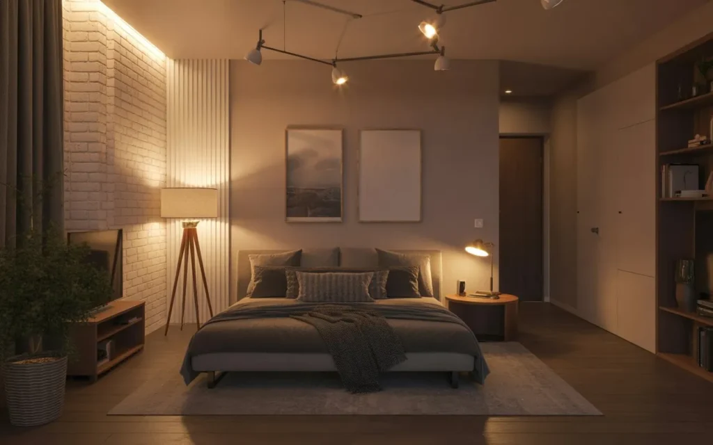 layered lighting design for cozy studio apartment