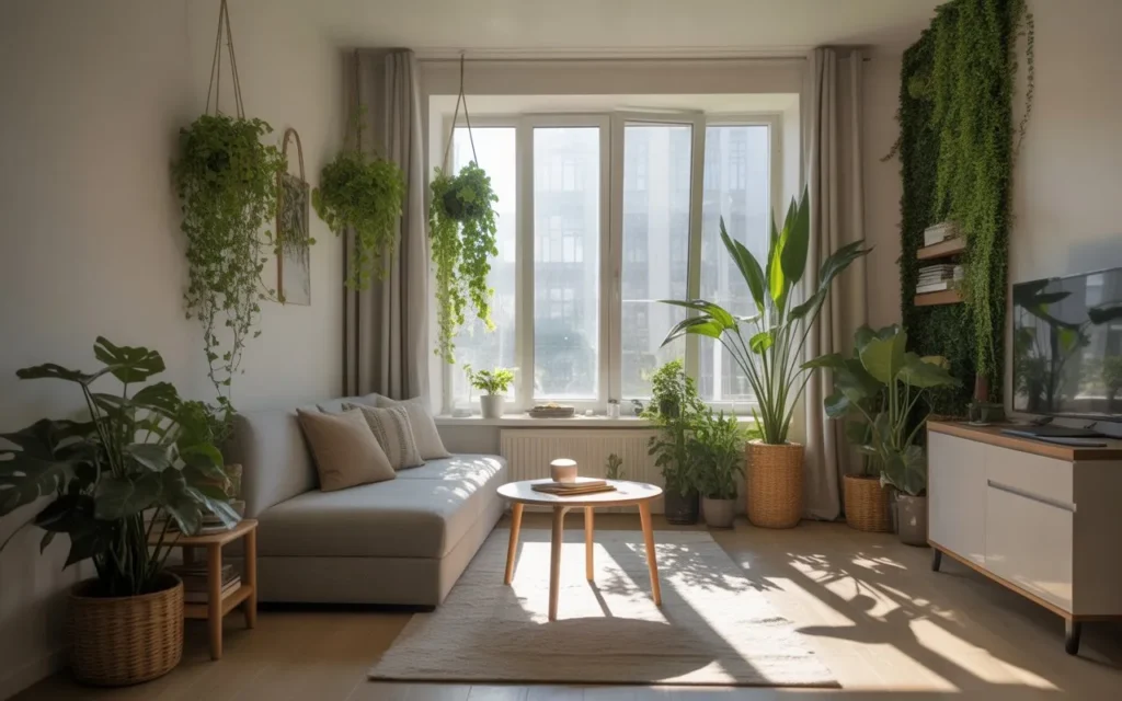 studio apartment decor with indoor plants
