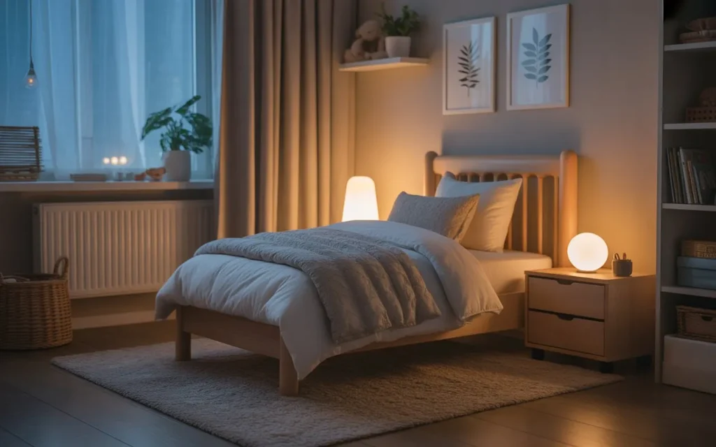 cozy toddler bedroom with warm night lighting