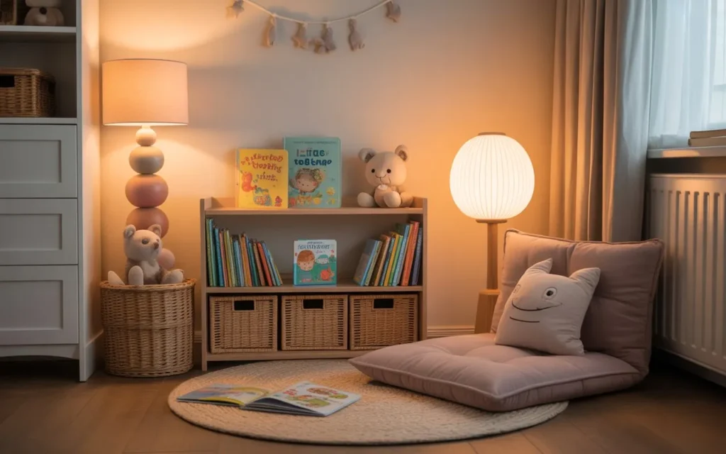 toddler reading corner with bookshelf and cozy cushions
