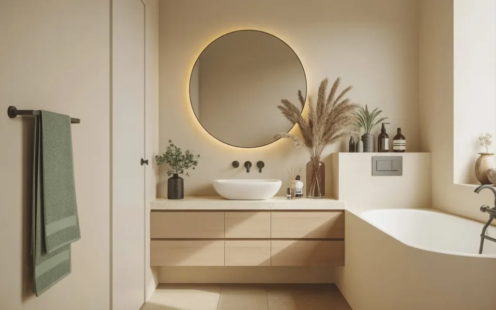 cream bathroom with sage green decor accents